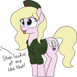 Size: 3065x3053 | Tagged: safe, artist:zippysqrl, oc, oc only, oc:nurse bonesaw, earth pony, pony, :p, chest fluff, clothes, cute, dialogue, face of evil, face of mercy, female, mare, mlem, nurse outfit, ocbetes, offscreen character, shirt, silly, simple background, smiling, solo, tongue out, transparent background