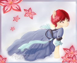 Size: 2000x1644 | Tagged: safe, artist:pucksterv, oc, oc only, blushing, clothes, crossover, dress, eyes closed, female, flower, flower in hair, shirayuki hime, solo, standing