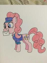 Size: 300x400 | Tagged: safe, artist:sweetiebot3000, pinkie pie, g4, female, letter, mailpony, mouth hold, solo, traditional art