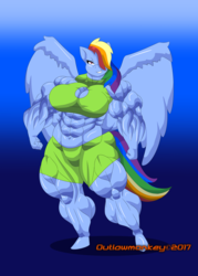 Size: 900x1260 | Tagged: safe, artist:outlawmoruko, rainbow dash, pegasus, anthro, unguligrade anthro, g4, breasts, busty rainbow dash, female, fetish, muscle fetish, muscles, overdeveloped muscles, rainbuff dash, solo