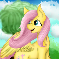 Size: 1400x1400 | Tagged: safe, artist:shamy-crist, fluttershy, pony, g4, female, smiling, solo, tree