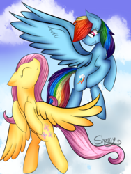 Size: 1500x2000 | Tagged: safe, artist:shamy-crist, fluttershy, rainbow dash, g4, cloud, eyes closed, flying