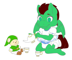 Size: 1200x1000 | Tagged: safe, artist:1ipuppy, oc, oc only, oc:northern haste, anthro, unguligrade anthro, anthro oc, commission, crossdressing, diaper, foal, food, link, solo, tea, teapot, teddy bear, the legend of zelda, ych result