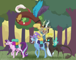 Size: 1280x1003 | Tagged: safe, artist:spartalabouche, discord, starlight glimmer, thorax, trixie, changeling, pony, unicorn, g4, to where and back again, bag, clothes, dock, ear fluff, floppy ears, flying, hat, looking at each other, looking back, open mouth, raised hoof, raised leg, reformed four, spread wings, tree, trixie's hat, walking
