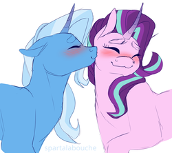 Size: 1280x1135 | Tagged: safe, artist:spartalabouche, starlight glimmer, trixie, pony, unicorn, g4, blushing, cheek kiss, duo, female, kissing, lesbian, mare, ship:startrix, shipping, simple background, smooch, white background
