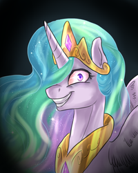 Size: 902x1126 | Tagged: safe, artist:not-ordinary-pony, princess celestia, alicorn, pony, g4, crazy face, creepy, crown, evil smile, faic, female, grin, jewelry, looking at you, regalia, smiling, snaplestia, solo