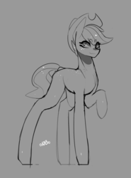 Size: 2223x3000 | Tagged: safe, artist:novabytes, applejack, earth pony, pony, g4, cowboy hat, female, hat, high res, long legs, looking at you, monochrome, raised hoof, short mane, signature, simple background, sketch, smiling, solo, stetson, wip