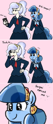 Size: 782x1818 | Tagged: safe, artist:whatsapokemon, oc, oc only, oc:heart song, oc:opalescent pearl, crystal pony, anthro, clasped hands, clothes, comic, dialogue, hand on hip, heart eyes, lidded eyes, open mouth, school uniform, senpai, senpai noticed me, smiling, thinking, wingding eyes