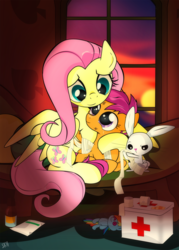 Size: 1006x1408 | Tagged: safe, artist:dsana, angel bunny, fluttershy, rainbow dash, scootaloo, pegasus, pony, rabbit, g4, angelbetes, animal, bandage, bandaged wing, commission, couch, cuddling, cute, cutealoo, female, filly, first aid, first aid kit, fluttermom, flutternurse, foal, injured, kindness, looking at each other, looking at someone, mare, plushie, rainbow dash plushie, scootalove, shyabetes, smiling, snuggling, spread wings, window, wings
