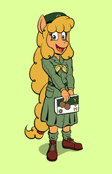 Size: 777x1200 | Tagged: safe, artist:regularmouseboy, oc, oc only, oc:caramel lantern, earth pony, anthro, 20th century, beret, blazing conflict, clothes, cookie box, cousin, cute, dress, generic pose, girl scout, looking at you, open mouth, scout, scout uniform, shoes, smiling, solo, tomboy, vintage