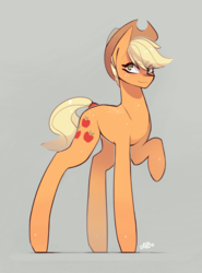 Size: 2223x3000 | Tagged: safe, artist:novabytes, applejack, earth pony, pony, g4, cowboy hat, female, hat, high res, long legs, looking at you, raised hoof, short mane, simple background, solo, stetson