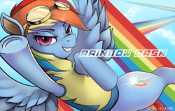 Size: 1611x1023 | Tagged: safe, artist:veinalgonic, rainbow dash, pegasus, pony, g4, clothes, female, flying, goggles, looking at you, mare, rainbow, solo, uniform, wonderbolt trainee uniform