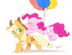Size: 1000x769 | Tagged: safe, artist:sion, applejack, pinkie pie, earth pony, pony, g4, balloon, blushing, duo, eyes closed, floating, floppy ears, happy, looking back, open mouth, simple background, smiling, then watch her balloons lift her up to the sky, white background