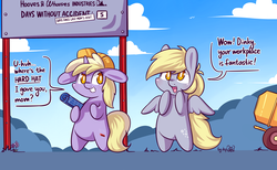 Size: 3120x1920 | Tagged: safe, artist:dsp2003, derpy hooves, dinky hooves, pegasus, pony, unicorn, g4, blushing, chibi, cloud, comic, concrete mixer, dialogue, female, floppy ears, grin, mother and daughter, nervous, nervous smile, open mouth, out of work derpy, single panel, smiling, spread wings, style emulation, this will end in pain