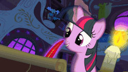 Size: 768x432 | Tagged: safe, screencap, twilight sparkle, pony, unicorn, g4, owl's well that ends well, season 1, animated, balcony, beehive, book, bookshelf, candle, disturbed, door, female, flower, gif, golden oaks library, magic, night, plate, ponyville, quill, scroll, solo, spooky, stars, telekinesis, tree, writing