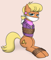Size: 1400x1655 | Tagged: safe, artist:nivek15, ms. harshwhinny, earth pony, pony, g4, arm behind back, bondage, cloth gag, clothes, cougar, female, gag, jackpot, mare, over the nose gag, rope, ropes, simple background, sitting, solo
