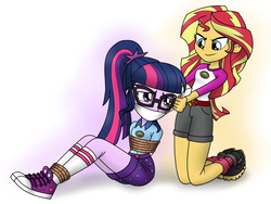 Size: 1600x1200 | Tagged: safe, artist:nivek15, sci-twi, sunset shimmer, twilight sparkle, equestria girls, g4, my little pony equestria girls: legend of everfree, arm behind back, bondage, camping outfit, clothes, converse, gag, hands behind back, out of character, ponytail, rope, shoes, sneakers