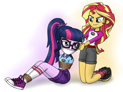 Size: 1600x1200 | Tagged: safe, artist:nivek15, sci-twi, sunset shimmer, twilight sparkle, human, equestria girls, g4, my little pony equestria girls: legend of everfree, arm behind back, bondage, camping outfit, clothes, converse, gag, hands behind back, looking at each other, looking at someone, out of character, ponytail, rope, shoes, smiling, smirk, sneakers