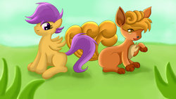 Size: 1024x576 | Tagged: safe, artist:davetempest, scootaloo, fox, kitsune, pegasus, pony, vulpix, g4, crossover, pokémon