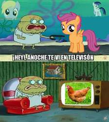 Size: 716x799 | Tagged: safe, derpy hooves, scootaloo, oc, chicken, pegasus, pony, g4, as seen on tv (spongebob episode), female, image macro, mare, meme, needs more jpeg, scootachicken, spanish, spongebob squarepants, translated in the comments, watermark