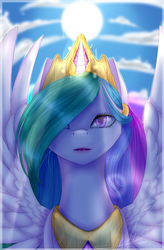 Size: 1464x2232 | Tagged: safe, artist:midfire, princess celestia, alicorn, pony, g4, cloud, crown, female, jewelry, looking at you, regalia, sky, solo, spread wings, sun