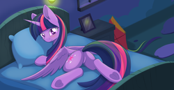 Size: 2553x1322 | Tagged: safe, artist:dusthiel, twilight sparkle, alicorn, pony, g4, bed, bedside stand, blushing, butt, dock, featureless crotch, female, looking at you, looking back, looking back at you, lying down, lying on bed, mare, on bed, pillow, plot, prone, smiling, smiling at you, solo, spread wings, tail, twibutt, twilight sparkle (alicorn), underhoof, wings