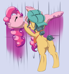 Size: 868x938 | Tagged: artist needed, safe, fresh coat, pinkie pie, earth pony, pony, unicorn, g4, apron, backwards ballcap, baseball cap, cap, clothes, drawthread, eyes closed, featureless crotch, floppy ears, hat, open mouth, painting, pun, smiling