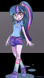 Size: 800x1400 | Tagged: safe, artist:tyuubatu, sci-twi, twilight sparkle, equestria girls, g4, my little pony equestria girls: legend of everfree, clothes, female, glasses, open mouth, ponytail, shoes, shorts, smiling, socks, solo