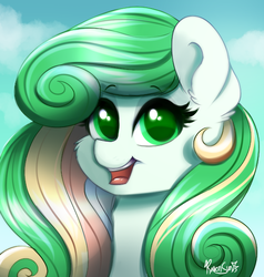 Size: 527x554 | Tagged: safe, artist:confetticakez, oc, oc only, oc:lucky charms, pony, cloud, cute, female, green eyes, looking at you, mare, multicolored hair, sky, solo