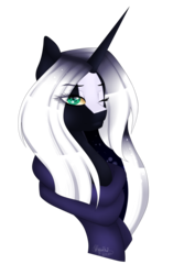 Size: 2000x3000 | Tagged: safe, artist:minelvi, oc, oc only, oc:black widow, pony, unicorn, bust, clothes, eyelashes, female, high res, horn, mare, one eye closed, portrait, scarf, signature, simple background, solo, transparent background, unicorn oc, wink