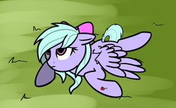 Size: 1280x781 | Tagged: safe, artist:neuro, flitter, pegasus, pony, g4, bow, dart, female, hair bow, lidded eyes, mare, prone, sedation, solo, unamused, wing fluff