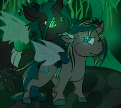 Size: 2800x2500 | Tagged: safe, artist:gummiibirdii, queen chrysalis, oc, oc:prince beetle, changeling, hybrid, g4, changeling oc, grooming, high res, mother and son, offspring, parent:prince blueblood, parent:queen chrysalis