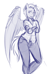 Size: 667x887 | Tagged: safe, artist:askbubblelee, oc, oc only, oc:cindy, oc:singe, pegasus, anthro, anthro oc, clothes, crossed arms, female, freckles, jeans, large wings, mare, monochrome, pants, plaid shirt, rule 63, simple background, sketch, solo, white background, wings