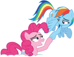 Size: 3878x3001 | Tagged: safe, artist:cloudy glow, pinkie pie, rainbow dash, pony, g4, party pooped, .ai available, bedroom eyes, duo, flying, high res, hoofbump, lidded eyes, looking at each other, simple background, smiling, transparent background, vector