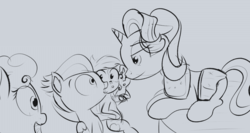 Size: 1731x919 | Tagged: safe, artist:cosmonaut, rumble, starlight glimmer, pony, unicorn, g4, my little pony chapter books, my little pony: trixie and the razzle-dazzle ruse, female, mare, monochrome, scene interpretation