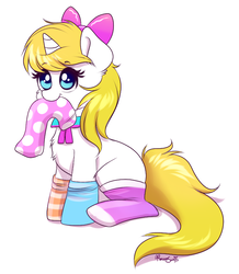 Size: 651x745 | Tagged: safe, artist:confetticakez, oc, oc only, pony, unicorn, bow, chest fluff, clothes, cute, female, gift art, hair bow, hnnng, mare, mouth hold, ocbetes, simple background, sitting, smiling, socks, solo, striped socks, white background