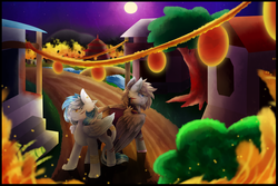 Size: 1500x1000 | Tagged: safe, artist:cloud-drawings, oc, oc only, oc:cirrus sky, hippogriff, hybrid, pegasus, pony, blood, building, commission, duo, ear piercing, fire, full moon, injured, male, moon, night, path, piercing, scar, serious, serious face, stallion, town, tree