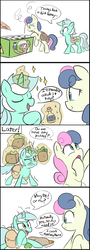 Size: 491x1365 | Tagged: safe, artist:lance, bon bon, lyra heartstrings, sweetie drops, earth pony, pony, unicorn, g4, 4koma, :p, comic, dialogue, duo, epona, eyes closed, female, grammar error, lesbian, levitation, lon lon milk, looking at each other, magic, mare, milk, mismatched eyes, open mouth, ponified, saddle bag, ship:lyrabon, shipping, shopping, smiling, sparkles, telekinesis, the legend of zelda, tongue out