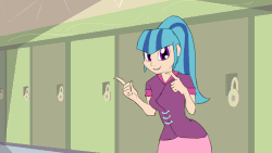 Size: 960x540 | Tagged: safe, artist:kanashiipanda, sonata dusk, equestria girls, animated, ass, butt, butt shake, chuunibyou demo koi ga shitai!, clothes, cute, dancing, female, finger spin, frame by frame, gif, human coloration, lockers, looking at you, miniskirt, ponytail, shake it baby, skirt, skirt lift, solo, sonata donk, thighs, twerking, woop woop