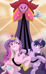 Size: 1200x1920 | Tagged: dead source, safe, artist:theroyalprincesses, discord, princess cadance, twilight sparkle, alicorn, draconequus, pony, tatzlwurm, g4, three's a crowd, banner, blue flu, crown, jewelry, looking up, regalia, sisters-in-law, smiling, tentacle tongue, tentacles, twilight sparkle (alicorn), worried