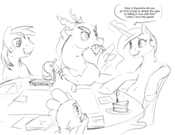 Size: 1280x989 | Tagged: safe, artist:silfoe, big macintosh, discord, princess celestia, spike, alicorn, dragon, pony, royal sketchbook, g4, cake, cakelestia, dungeons and dragons, female, food, grayscale, lineart, male, mare, monochrome, ogres and oubliettes