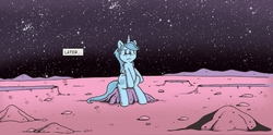 Size: 1396x691 | Tagged: safe, artist:agnesgarbowska, artist:katiecandraw, idw, prince blueblood, rabbit, g4, spoiler:comic, spoiler:comicdeviations, dc comics, doctor manhattan, looking at you, male, mars, moon, parody, sitting, sky, solo, space, tribute, watchmen