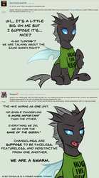 Size: 1000x1796 | Tagged: safe, artist:askbubblelee, oc, oc only, oc:imago, changeling, ask, changeling oc, clothes, cute, deviantart, dialogue, fangs, female, looking at you, misspelling, raised hoof, shirt, sitting, solo