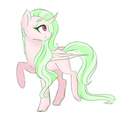 Size: 572x566 | Tagged: safe, artist:kittii-kat, oc, oc only, alicorn, pony, curved horn, female, horn, mare, raised hoof, simple background, solo, white background
