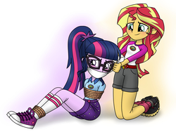 Size: 1600x1200 | Tagged: safe, alternate version, artist:nivek15, sci-twi, sunset shimmer, twilight sparkle, human, equestria girls, g4, my little pony equestria girls: legend of everfree, arm behind back, blushing, bondage, camp everfree outfits, camping outfit, cloth gag, clothes, consensual, converse, female, gag, hands behind back, lesbian, rope, ship:sci-twishimmer, ship:sunsetsparkle, shipping, shoes, smiling, sneakers