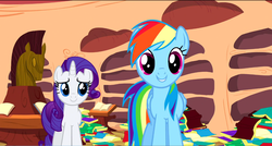 Size: 1360x730 | Tagged: safe, screencap, rainbow dash, rarity, pegasus, pony, dragon quest, g4, book, cute, golden oaks library, smiling, stare