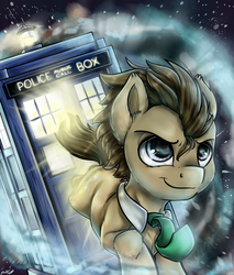 Size: 2424x2849 | Tagged: safe, artist:gaelledragons, doctor whooves, time turner, earth pony, pony, g4, crossover, doctor who, high res, male, necktie, smiling, solo, space, stallion, stars, tardis, the doctor, time vortex