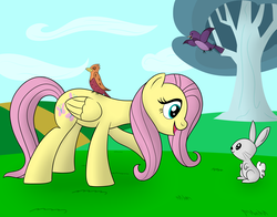 Size: 2800x2200 | Tagged: safe, artist:cloudy95, angel bunny, fluttershy, bird, pony, g4, high res, tree