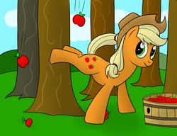 Size: 2600x2000 | Tagged: safe, artist:cloudy95, applejack, earth pony, pony, g4, apple, applebucking, female, food, high res, solo