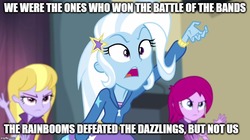 Size: 896x500 | Tagged: safe, edit, edited screencap, screencap, fuchsia blush, lavender lace, trixie, equestria girls, g4, my little pony equestria girls: rainbow rocks, female, image macro, meme, trixie and the illusions, trixie yells at everything